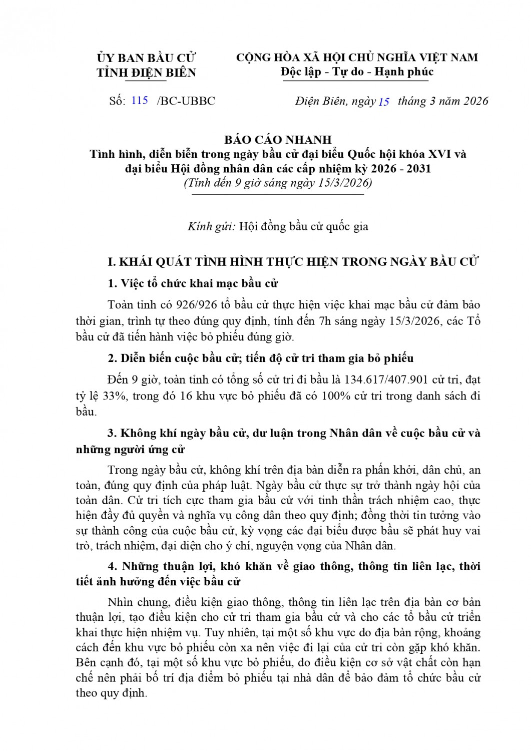 Sở Nội vụ tỉnh Điện Biên – Cơ quan Thường trực Ủy ban bầu cử tỉnh Điện Biên báo cáo nhanh tình hình, diễn biễn trong ngày bầu cử đại biểu Quốc hội khóa XVI và đại biểu Hội đồng nhân dân các cấp nhiệm kỳ 2026 - 2031